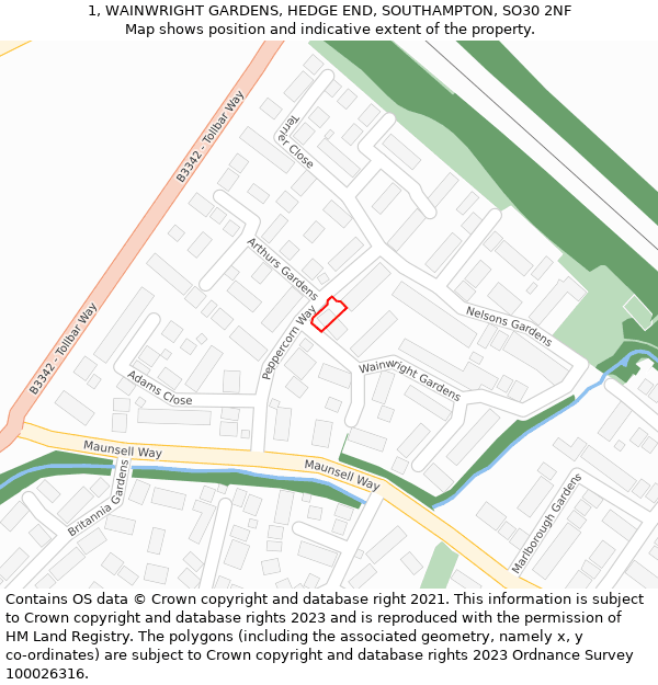 1, WAINWRIGHT GARDENS, HEDGE END, SOUTHAMPTON, SO30 2NF: Location map and indicative extent of plot