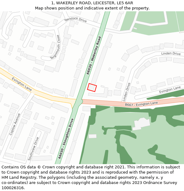 1, WAKERLEY ROAD, LEICESTER, LE5 6AR: Location map and indicative extent of plot