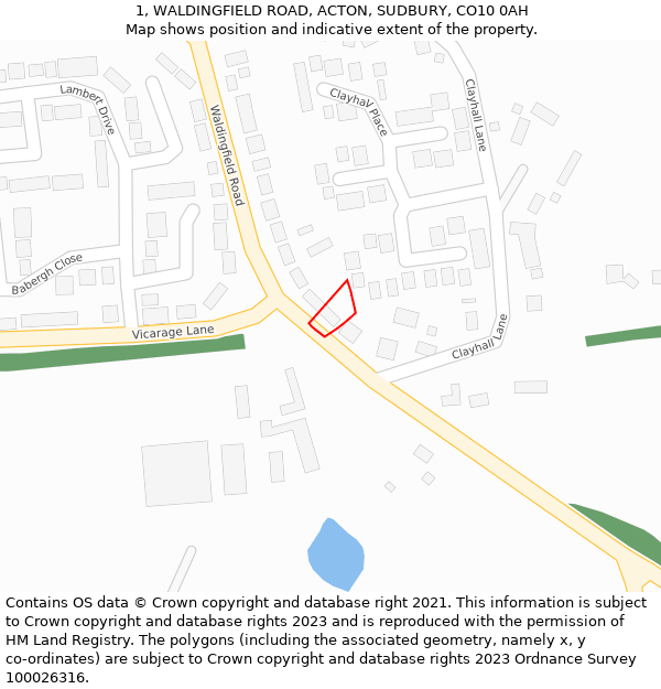 1, WALDINGFIELD ROAD, ACTON, SUDBURY, CO10 0AH: Location map and indicative extent of plot