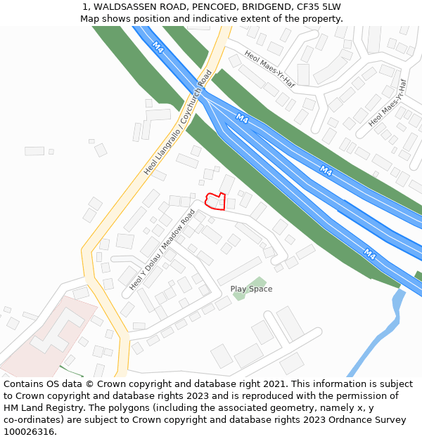 1, WALDSASSEN ROAD, PENCOED, BRIDGEND, CF35 5LW: Location map and indicative extent of plot