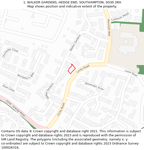 1, WALKER GARDENS, HEDGE END, SOUTHAMPTON, SO30 2RH: Location map and indicative extent of plot