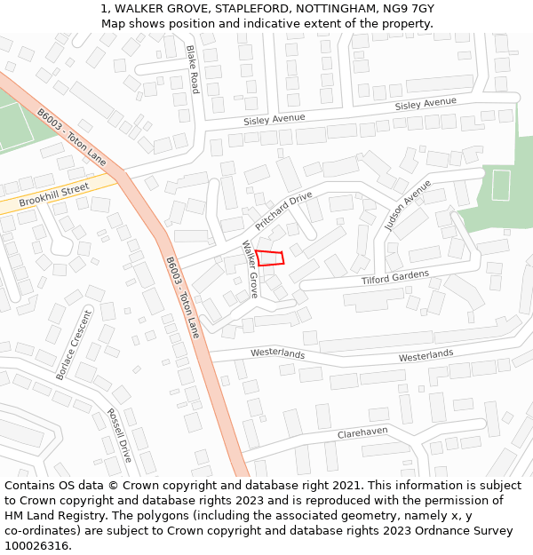 1, WALKER GROVE, STAPLEFORD, NOTTINGHAM, NG9 7GY: Location map and indicative extent of plot