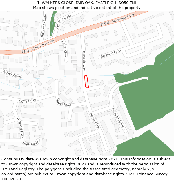 1, WALKERS CLOSE, FAIR OAK, EASTLEIGH, SO50 7NH: Location map and indicative extent of plot