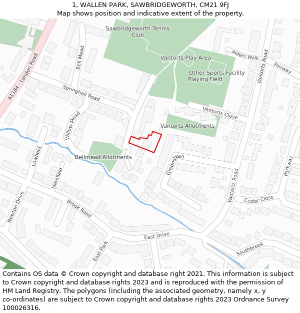 1, WALLEN PARK, SAWBRIDGEWORTH, CM21 9FJ: Location map and indicative extent of plot