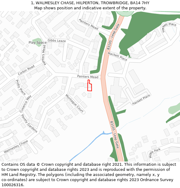 1, WALMESLEY CHASE, HILPERTON, TROWBRIDGE, BA14 7HY: Location map and indicative extent of plot