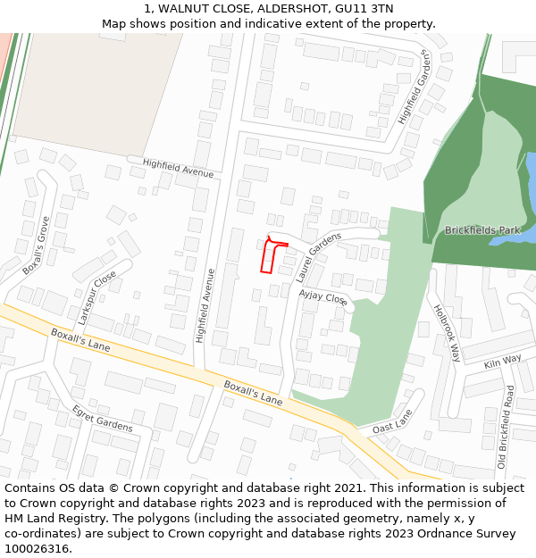 1, WALNUT CLOSE, ALDERSHOT, GU11 3TN: Location map and indicative extent of plot