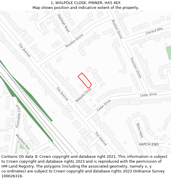 1, WALPOLE CLOSE, PINNER, HA5 4EX: Location map and indicative extent of plot