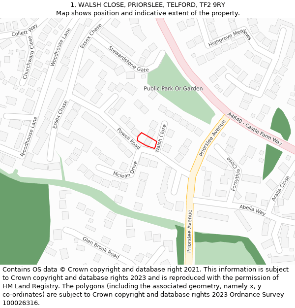 1, WALSH CLOSE, PRIORSLEE, TELFORD, TF2 9RY: Location map and indicative extent of plot