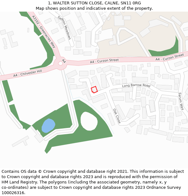 1, WALTER SUTTON CLOSE, CALNE, SN11 0RG: Location map and indicative extent of plot