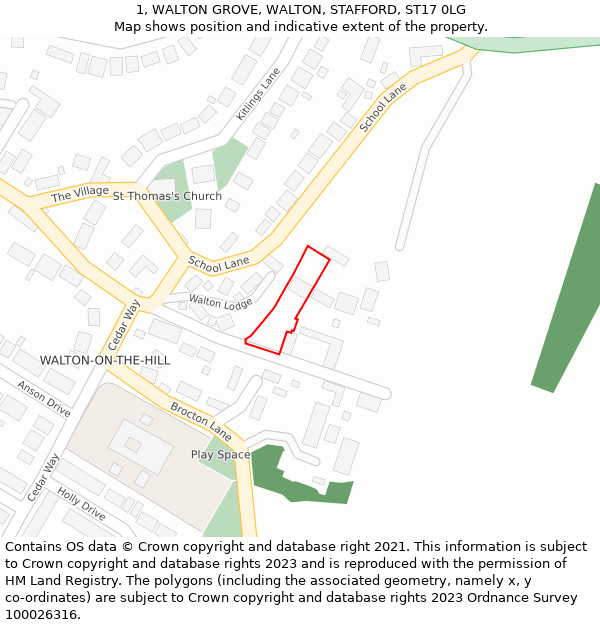 1, WALTON GROVE, WALTON, STAFFORD, ST17 0LG: Location map and indicative extent of plot