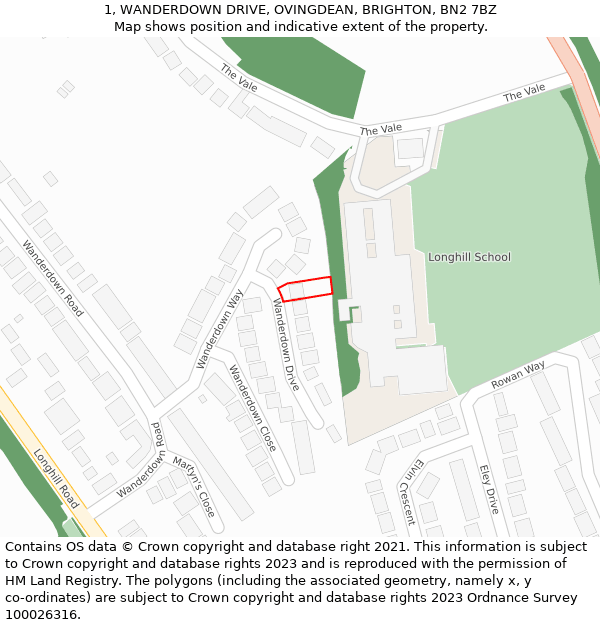 1, WANDERDOWN DRIVE, OVINGDEAN, BRIGHTON, BN2 7BZ: Location map and indicative extent of plot