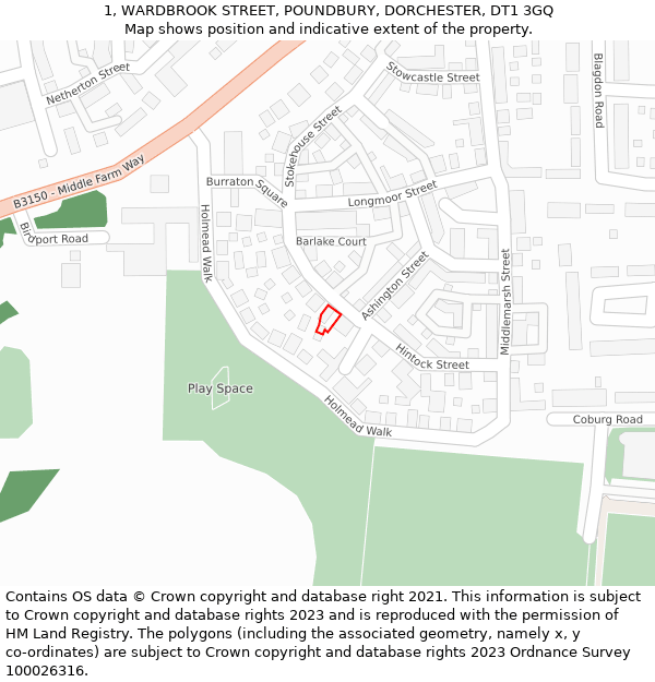 1, WARDBROOK STREET, POUNDBURY, DORCHESTER, DT1 3GQ: Location map and indicative extent of plot