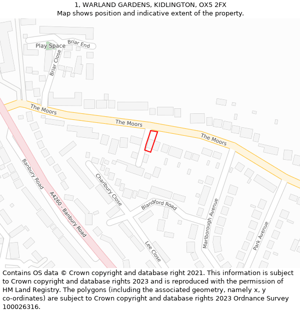 1, WARLAND GARDENS, KIDLINGTON, OX5 2FX: Location map and indicative extent of plot