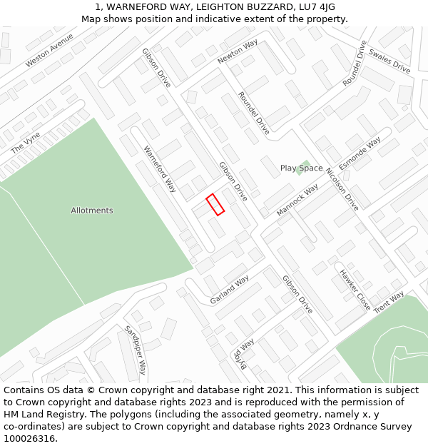 1, WARNEFORD WAY, LEIGHTON BUZZARD, LU7 4JG: Location map and indicative extent of plot