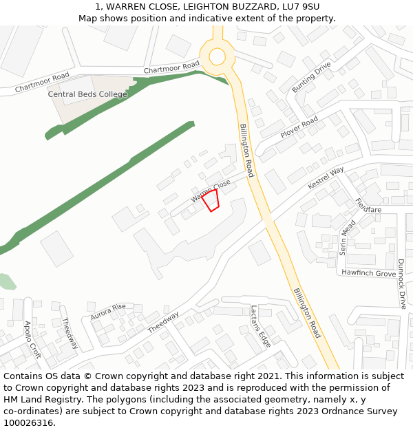 1, WARREN CLOSE, LEIGHTON BUZZARD, LU7 9SU: Location map and indicative extent of plot