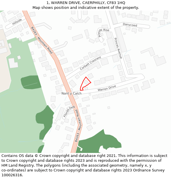 1, WARREN DRIVE, CAERPHILLY, CF83 1HQ: Location map and indicative extent of plot