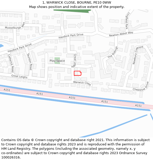 1, WARWICK CLOSE, BOURNE, PE10 0WW: Location map and indicative extent of plot