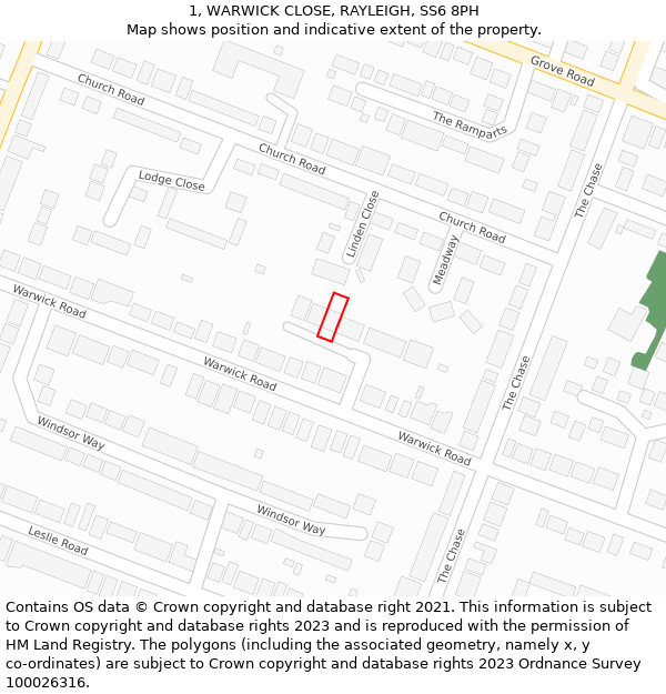 1, WARWICK CLOSE, RAYLEIGH, SS6 8PH: Location map and indicative extent of plot