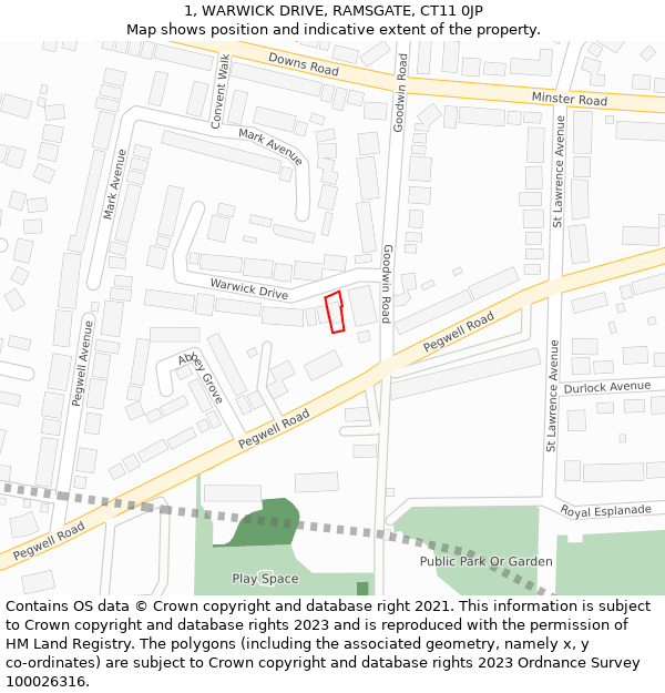 1, WARWICK DRIVE, RAMSGATE, CT11 0JP: Location map and indicative extent of plot