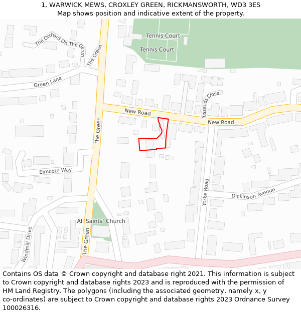 1, WARWICK MEWS, CROXLEY GREEN, RICKMANSWORTH, WD3 3ES: Location map and indicative extent of plot