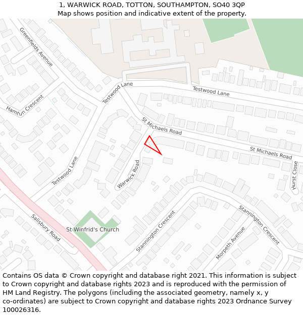 1, WARWICK ROAD, TOTTON, SOUTHAMPTON, SO40 3QP: Location map and indicative extent of plot