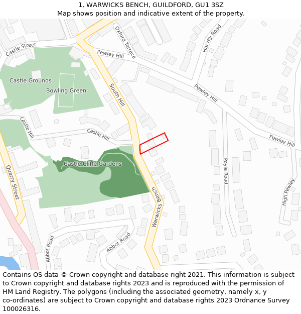 1, WARWICKS BENCH, GUILDFORD, GU1 3SZ: Location map and indicative extent of plot