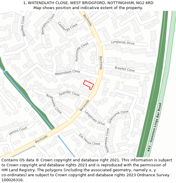 1, WATENDLATH CLOSE, WEST BRIDGFORD, NOTTINGHAM, NG2 6RD: Location map and indicative extent of plot
