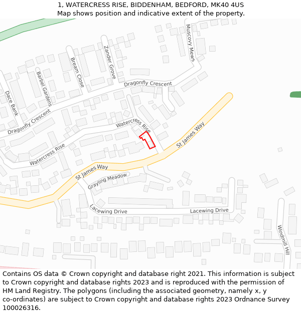 1, WATERCRESS RISE, BIDDENHAM, BEDFORD, MK40 4US: Location map and indicative extent of plot