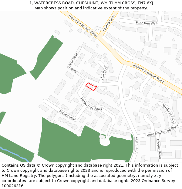 1, WATERCRESS ROAD, CHESHUNT, WALTHAM CROSS, EN7 6XJ: Location map and indicative extent of plot