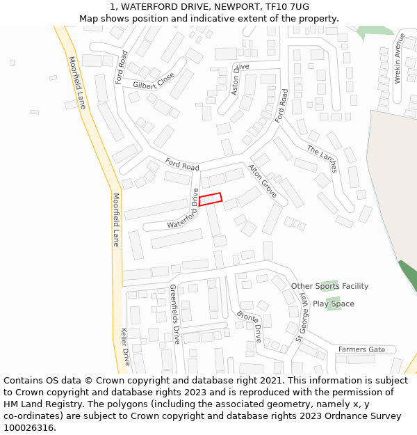 1, WATERFORD DRIVE, NEWPORT, TF10 7UG: Location map and indicative extent of plot