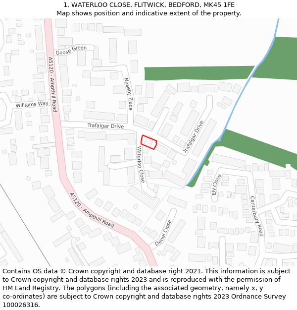 1, WATERLOO CLOSE, FLITWICK, BEDFORD, MK45 1FE: Location map and indicative extent of plot