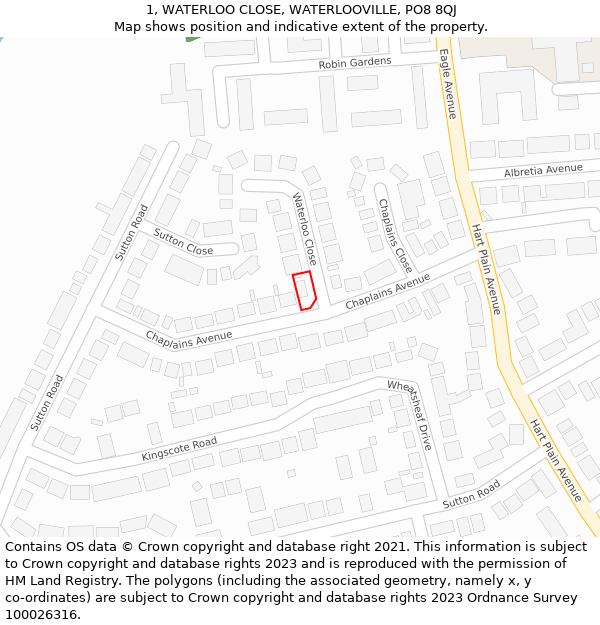 1, WATERLOO CLOSE, WATERLOOVILLE, PO8 8QJ: Location map and indicative extent of plot