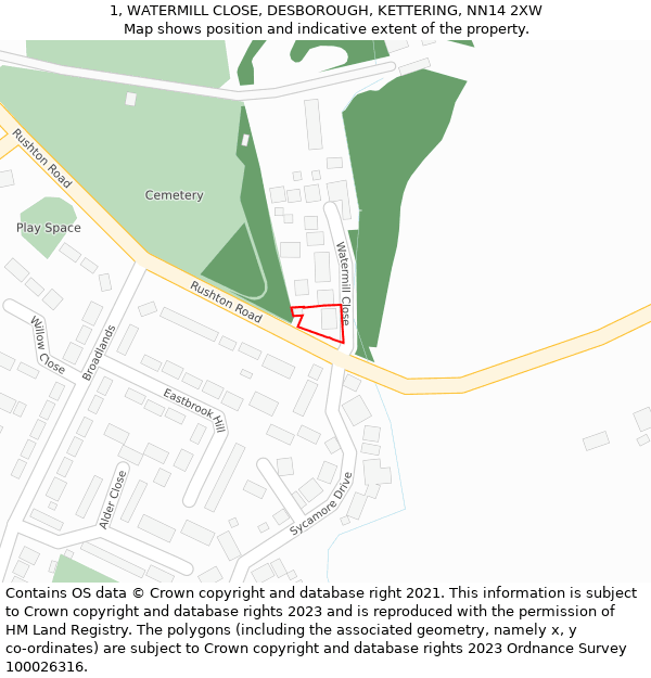 1, WATERMILL CLOSE, DESBOROUGH, KETTERING, NN14 2XW: Location map and indicative extent of plot