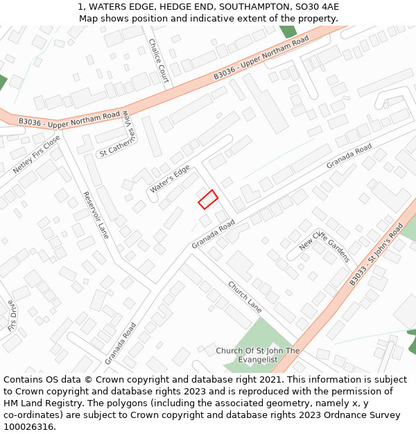 1, WATERS EDGE, HEDGE END, SOUTHAMPTON, SO30 4AE: Location map and indicative extent of plot