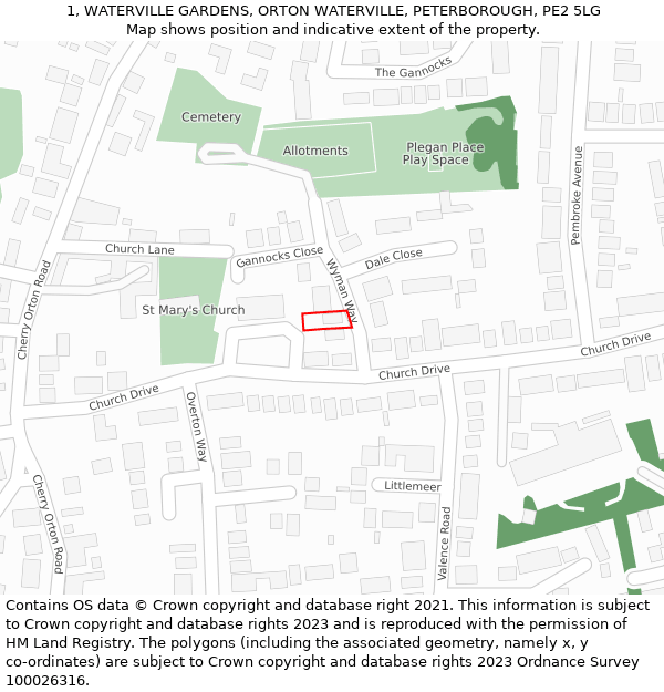 1, WATERVILLE GARDENS, ORTON WATERVILLE, PETERBOROUGH, PE2 5LG: Location map and indicative extent of plot