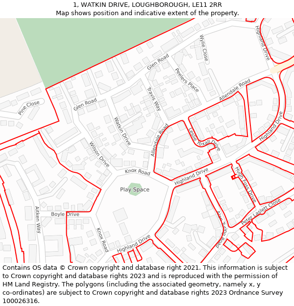 1, WATKIN DRIVE, LOUGHBOROUGH, LE11 2RR: Location map and indicative extent of plot
