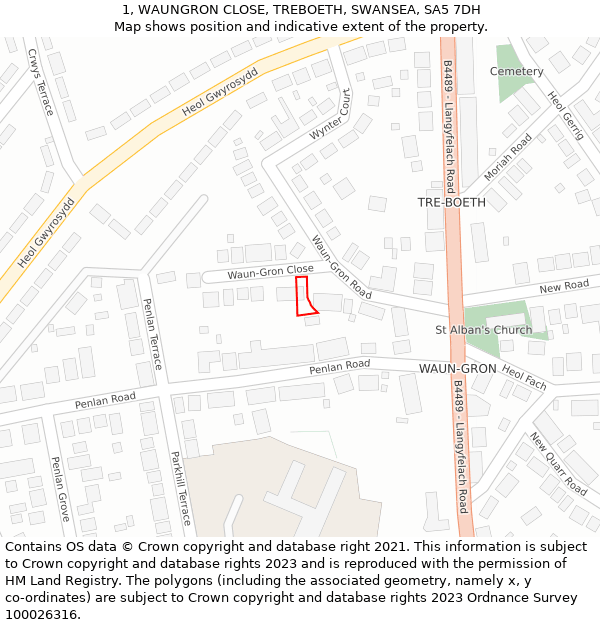 1, WAUNGRON CLOSE, TREBOETH, SWANSEA, SA5 7DH: Location map and indicative extent of plot