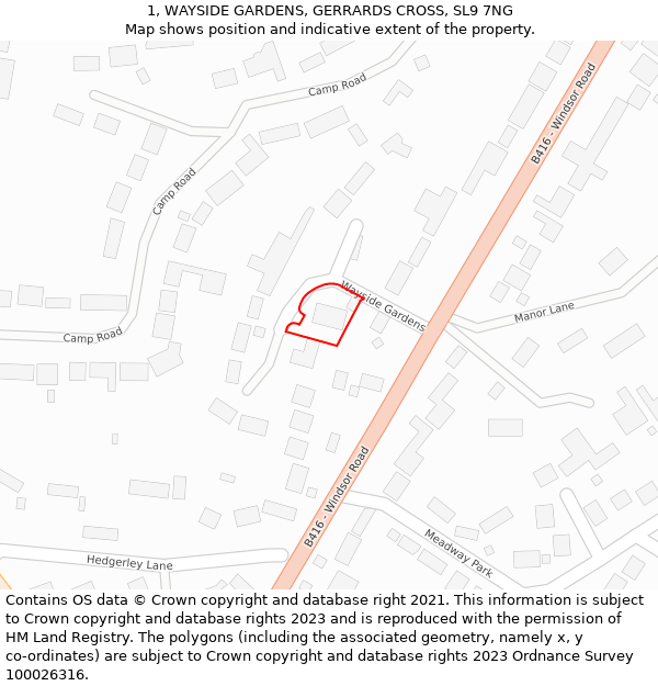 1, WAYSIDE GARDENS, GERRARDS CROSS, SL9 7NG: Location map and indicative extent of plot