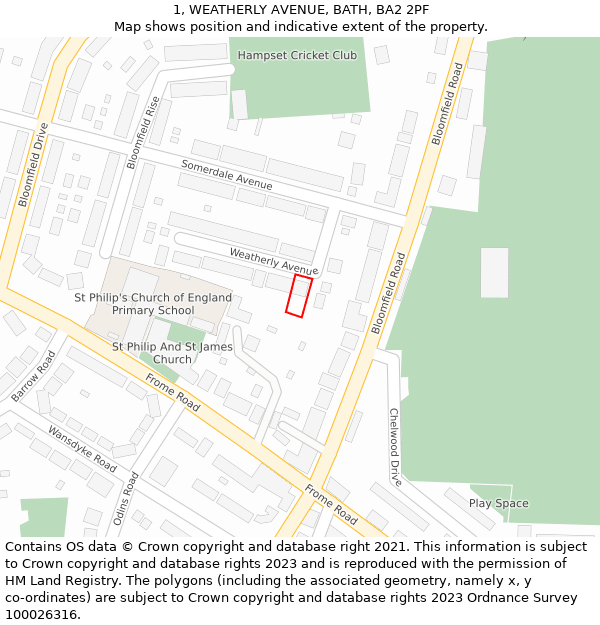 1, WEATHERLY AVENUE, BATH, BA2 2PF: Location map and indicative extent of plot