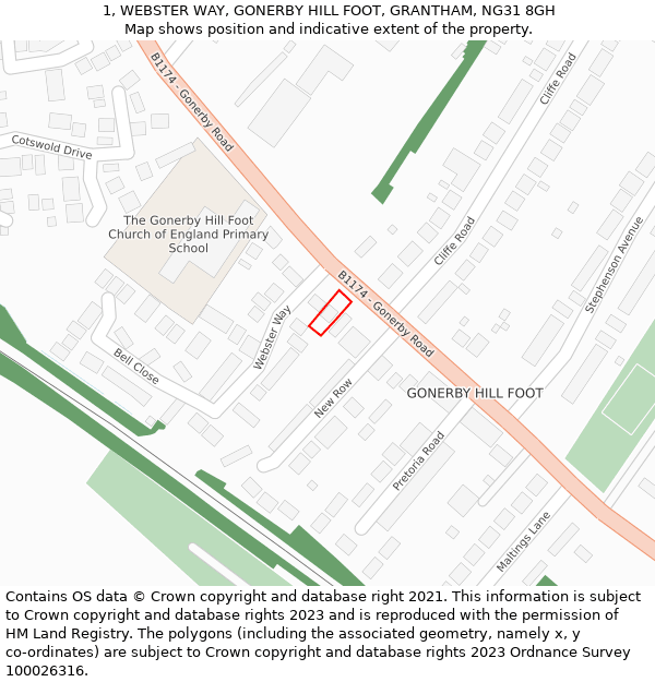 1, WEBSTER WAY, GONERBY HILL FOOT, GRANTHAM, NG31 8GH: Location map and indicative extent of plot