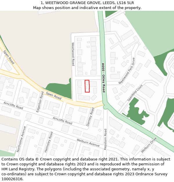 1, WEETWOOD GRANGE GROVE, LEEDS, LS16 5LR: Location map and indicative extent of plot