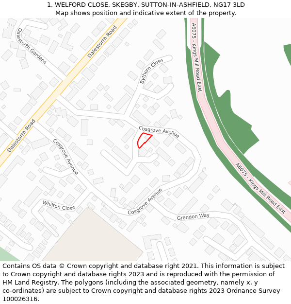 1, WELFORD CLOSE, SKEGBY, SUTTON-IN-ASHFIELD, NG17 3LD: Location map and indicative extent of plot