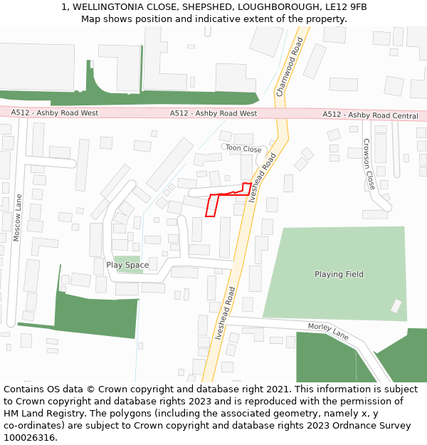 1, WELLINGTONIA CLOSE, SHEPSHED, LOUGHBOROUGH, LE12 9FB: Location map and indicative extent of plot