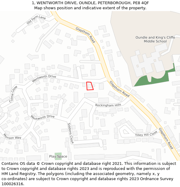 1, WENTWORTH DRIVE, OUNDLE, PETERBOROUGH, PE8 4QF: Location map and indicative extent of plot