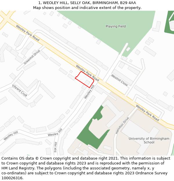 1, WEOLEY HILL, SELLY OAK, BIRMINGHAM, B29 4AA: Location map and indicative extent of plot