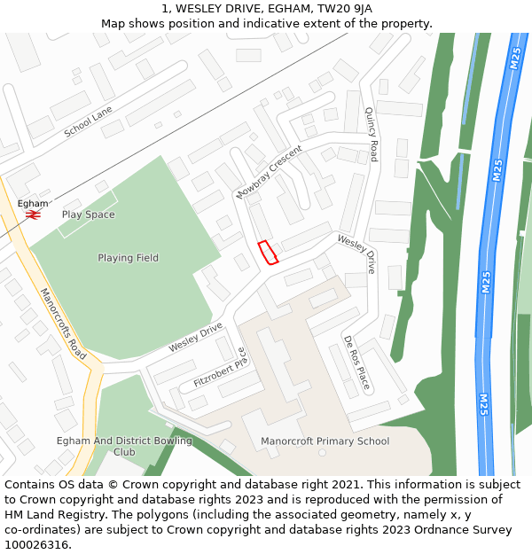 1, WESLEY DRIVE, EGHAM, TW20 9JA: Location map and indicative extent of plot