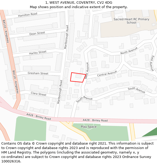 1, WEST AVENUE, COVENTRY, CV2 4DG: Location map and indicative extent of plot