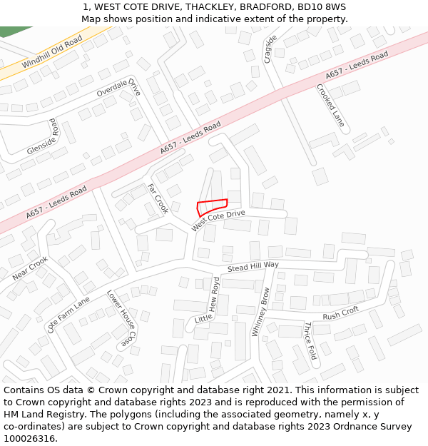 1, WEST COTE DRIVE, THACKLEY, BRADFORD, BD10 8WS: Location map and indicative extent of plot