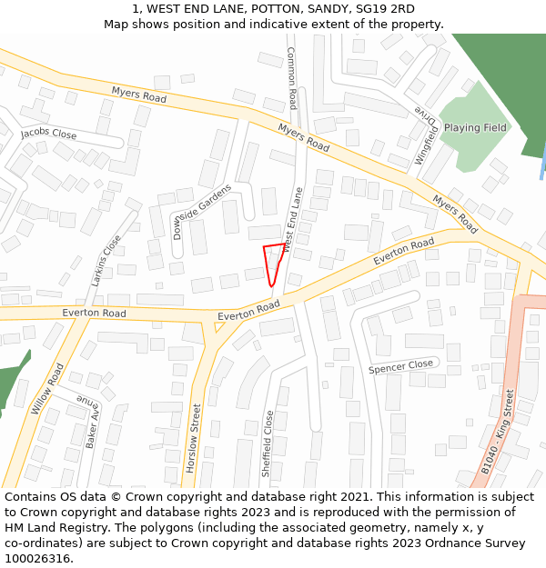 1, WEST END LANE, POTTON, SANDY, SG19 2RD: Location map and indicative extent of plot