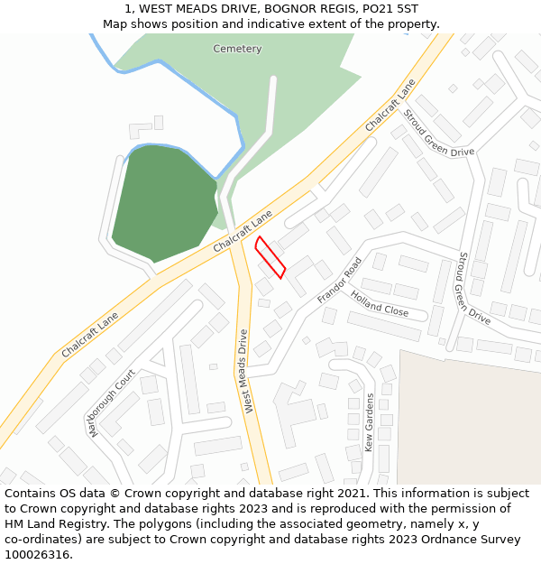 1, WEST MEADS DRIVE, BOGNOR REGIS, PO21 5ST: Location map and indicative extent of plot